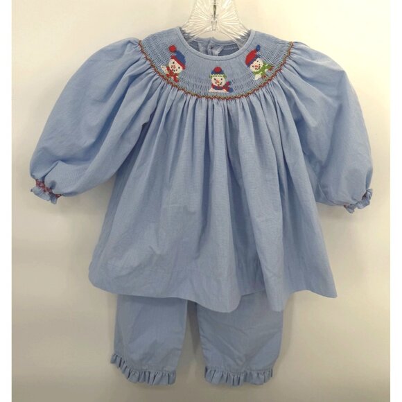 Remember Nguyen Smocked Snowman 3T Embroidered Blue Christmas W/ Ruffle Pants - Picture 1 of 5